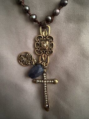 Lucky Brand Vintage-Inspired Gold Cross Pendant Necklace with Blue Stone